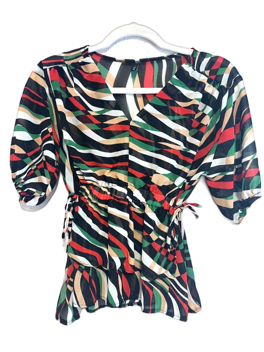 Zara Striped V-Neck Cinched-Waist Blouse in Black, Green, Red & Cream